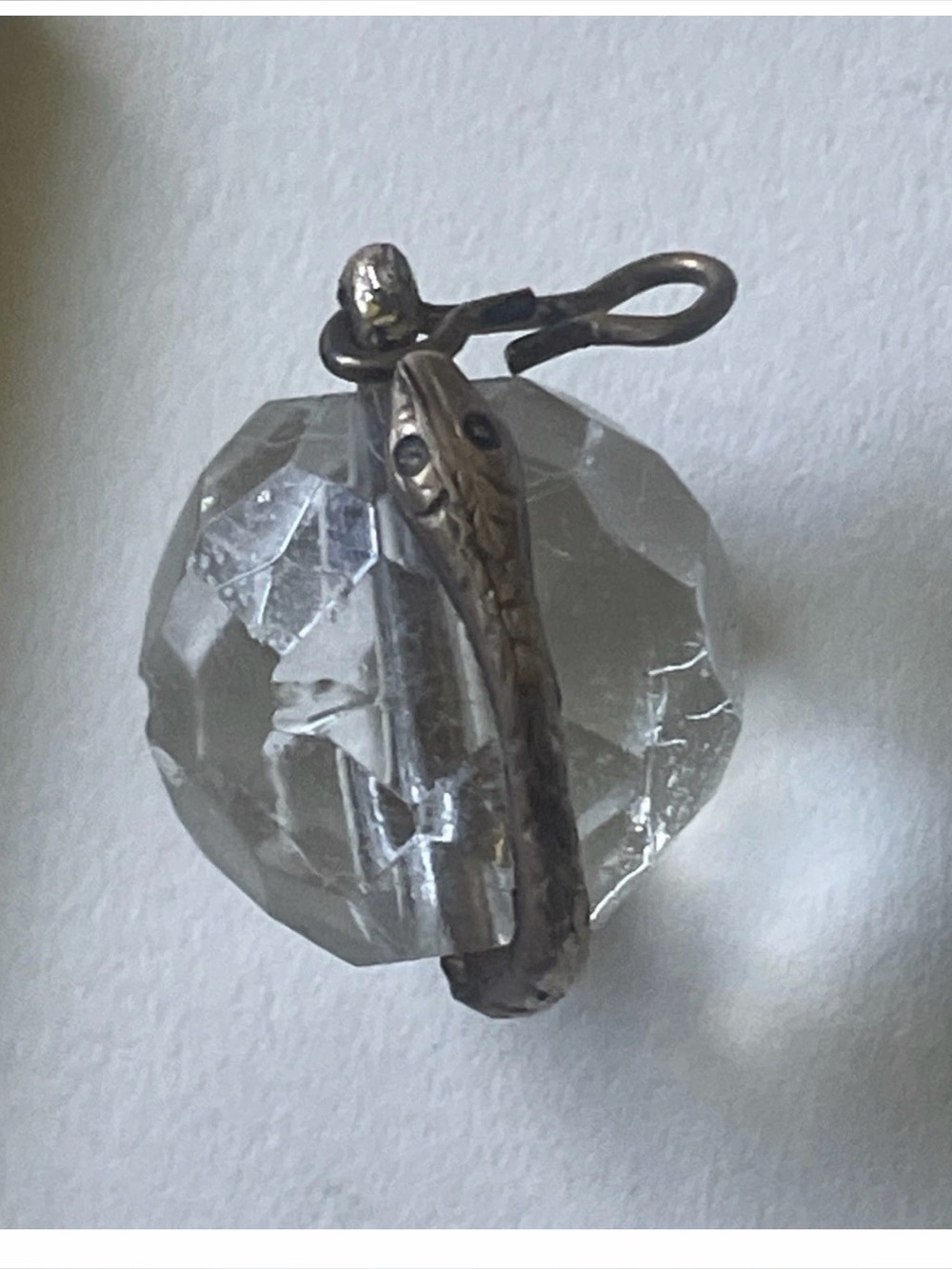 Antique Crystal Faceted Orb Vintage Metal Snake Detail Pendant